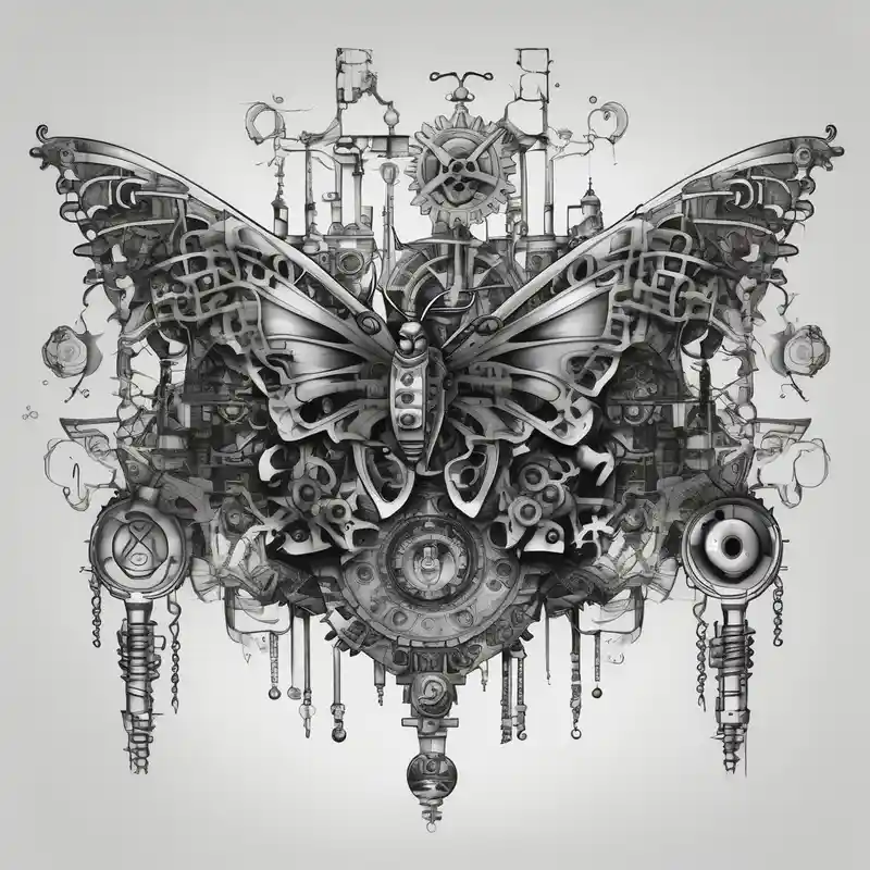 tattoo design for back spine with techno mechanical aspects representing life and eternity. sprockets gears screws levers – Surreal, Black and white
